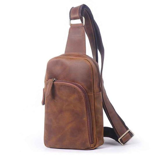 Vintage Leather Crossbody Bag - Crazy Horse Cowhide Leather Single-Shoulder Chest Bag