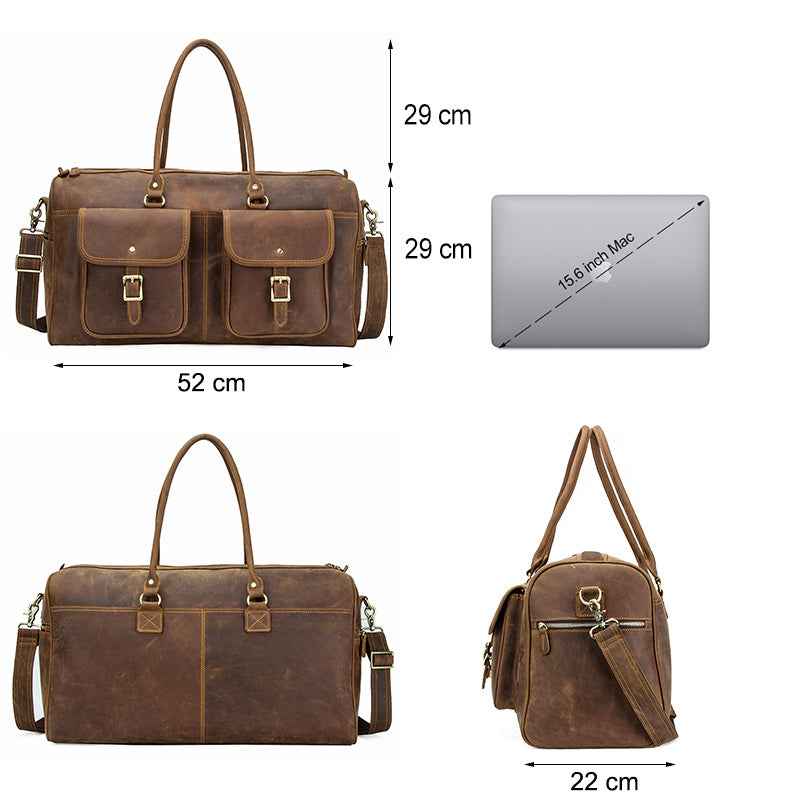 Retro Cowhide Leather Travel Bag - Large Capacity Crazy Horse Design
