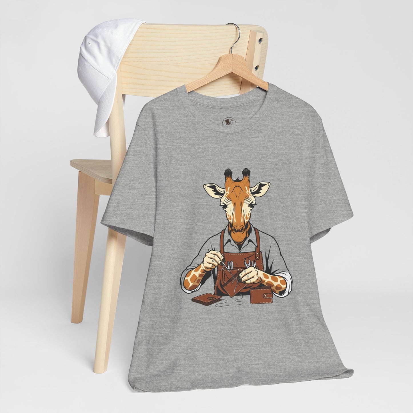 Giraffe Tailor Tee - Unique Animal Lover Shirt, Funny Short Sleeve T-Shirt for Creatives, Quirky Art Casual Wear - ArtOm_farm™ LEATHER 