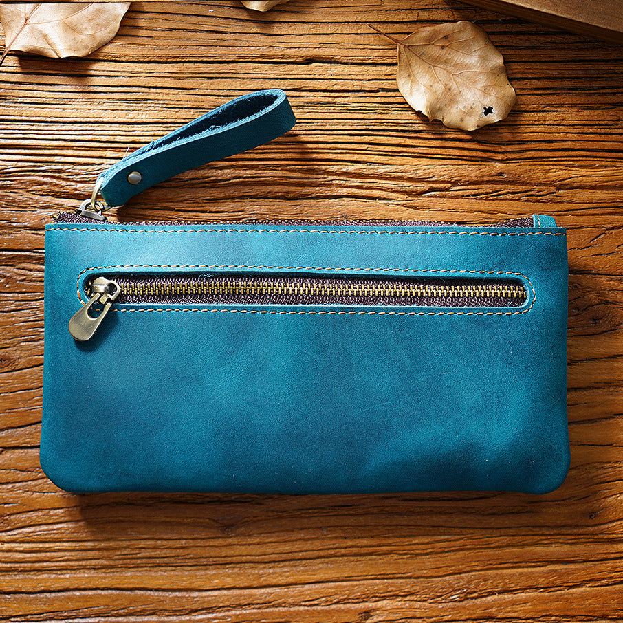 Retro Leather Zipped Pencil Bag - Crazy Horse Leather Creative Portable Hand Grip Buggy Bag - ArtOm_farm™ LEATHER 