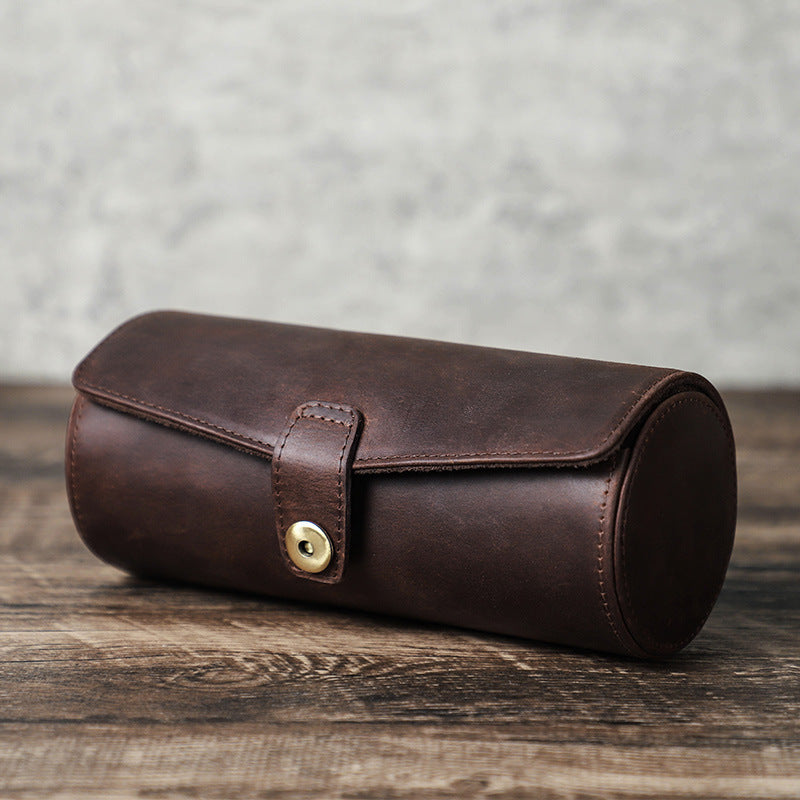 Retro Leather Storage Box - Cylindrical Suit Button Crazy Horse Design - ArtOm_farm™ LEATHER