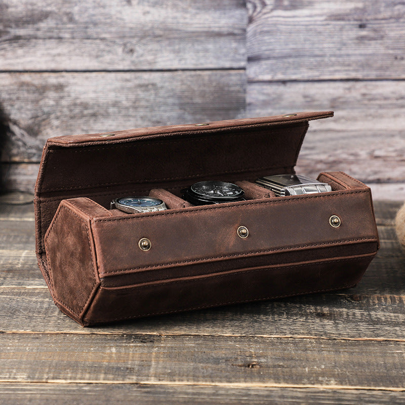 Retro Leather Watch Storage Box - Crazy Horse Leather Three Packs Detachable Portable Diamond Design - ArtOm_farm™ LEATHER 