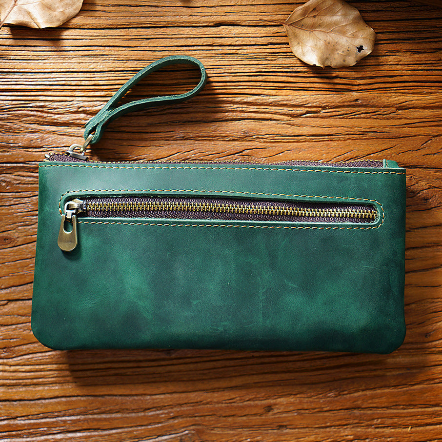 Retro Leather Zipped Pencil Bag - Crazy Horse Leather Creative Portable Hand Grip Buggy Bag - ArtOm_farm™ LEATHER 