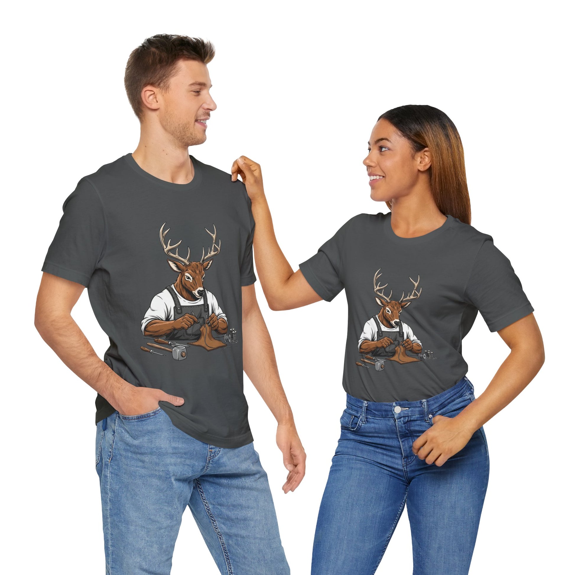 Artisan Deer Graphic Tee for Nature Lovers - Cute Animal Shirt, Unisex Casual Wear, Perfect Handyman Gift - ArtOm_farm™ LEATHER 