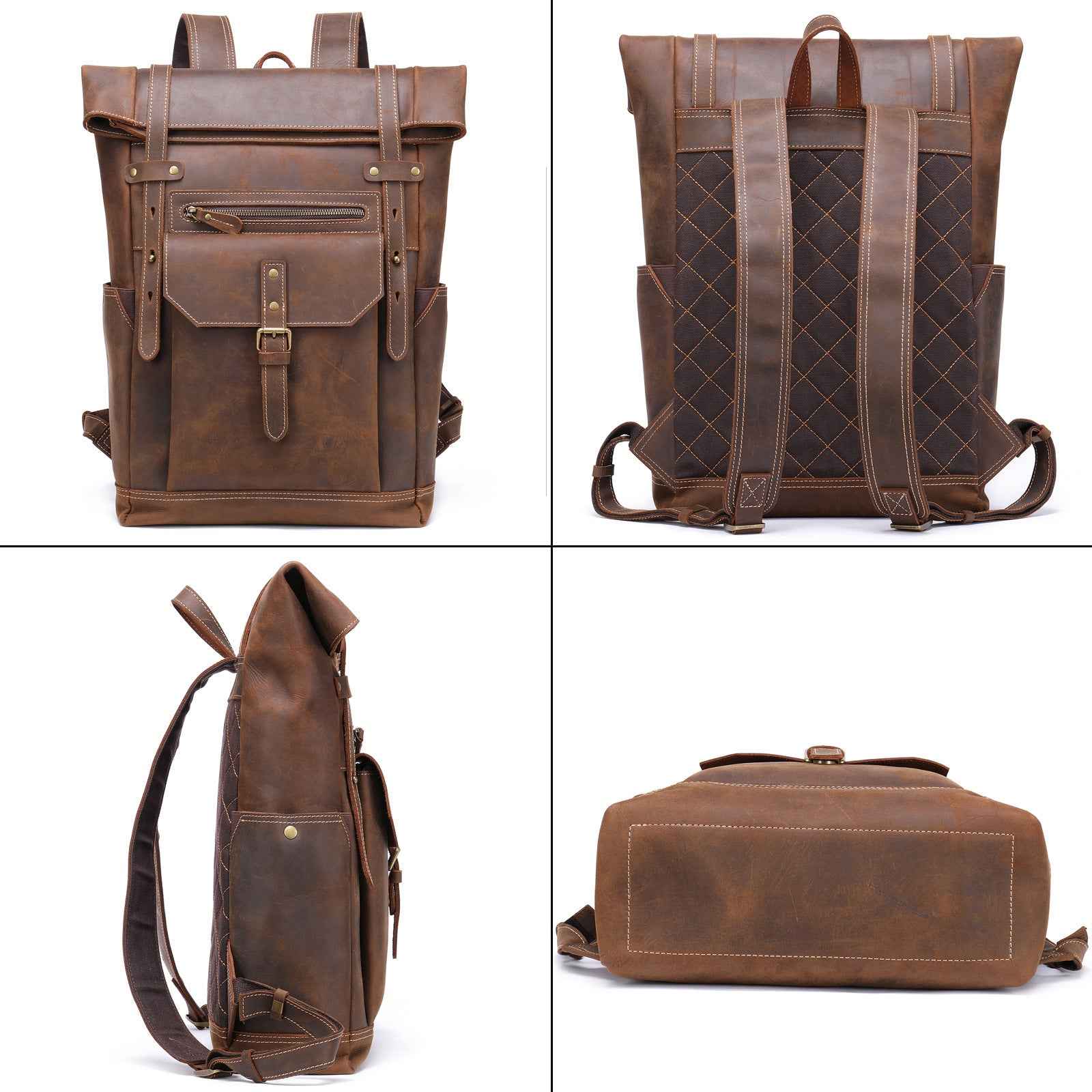 Retro Leather Backpack for Men - Vintage Crazy Horse Genuine Leather Travel Laptop Bag