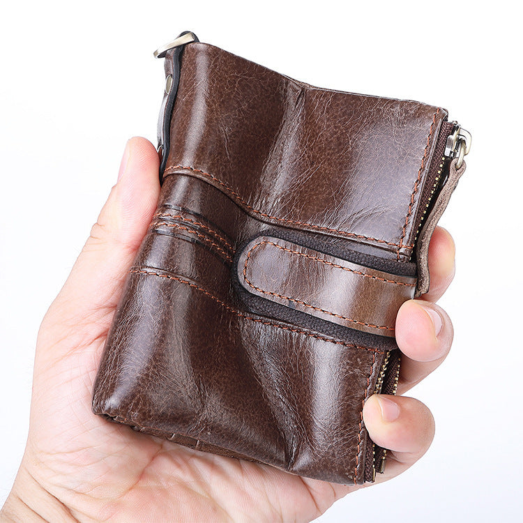 Anti-theft Leather Wallet Genuine Leather Multifunctional Buckle Zipper Vintage Crazy Horse Leather Men's Bag Leisure Coin Purse - ArtOm_farm™ LEATHER 