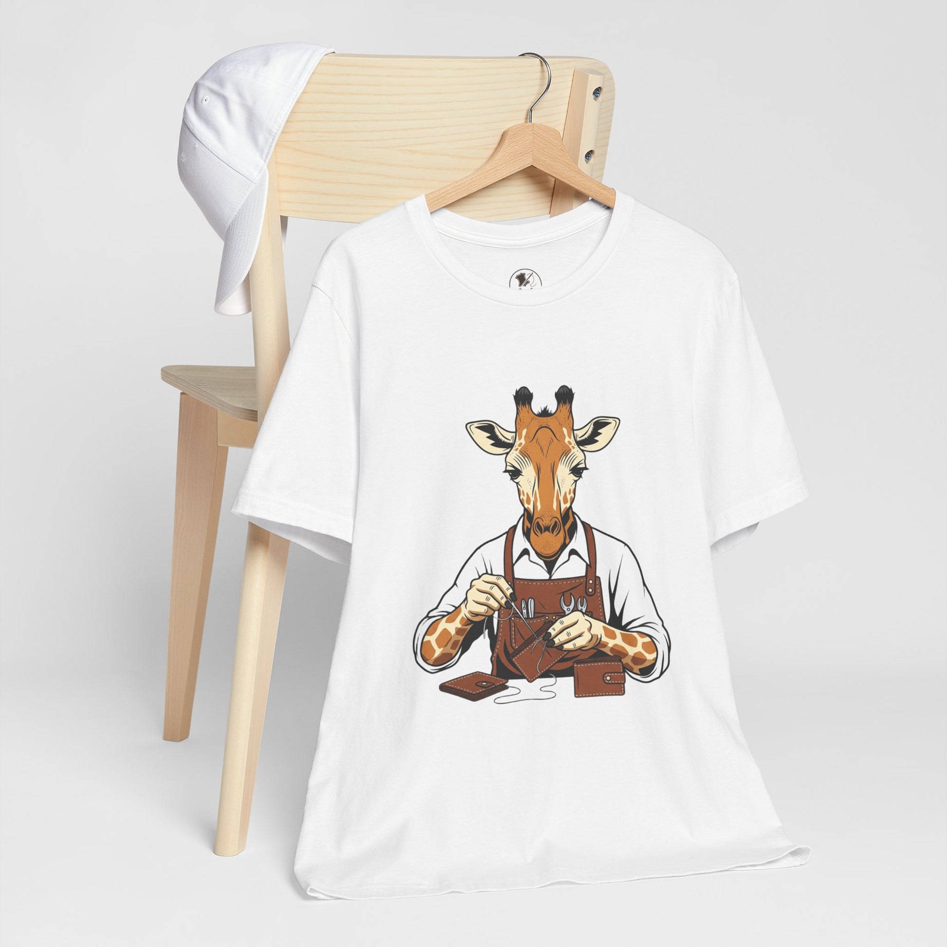 Giraffe Tailor Tee - Unique Animal Lover Shirt, Funny Short Sleeve T-Shirt for Creatives, Quirky Art Casual Wear - ArtOm_farm™ LEATHER