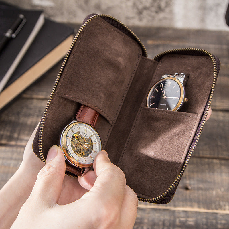 Vintage Leather Watch Box - Crazy Horse Leather Creative Zipper Design - ArtOm_farm™ LEATHER 