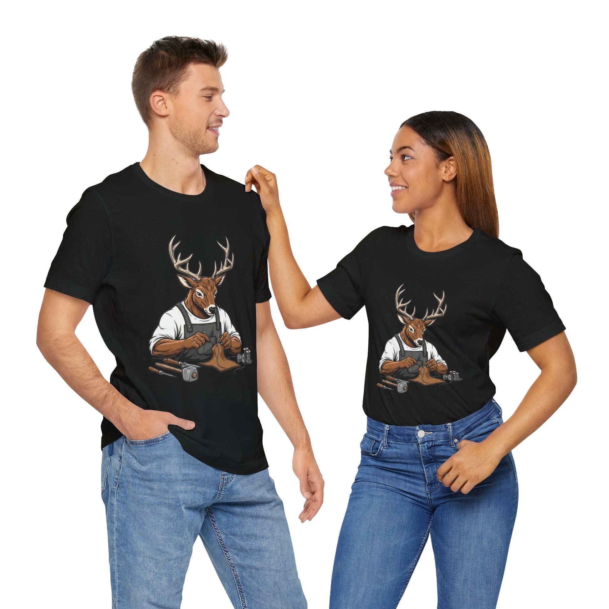Artisan Deer Graphic Tee for Nature Lovers - Cute Animal Shirt, Unisex Casual Wear, Perfect Handyman Gift - ArtOm_farm™ LEATHER 