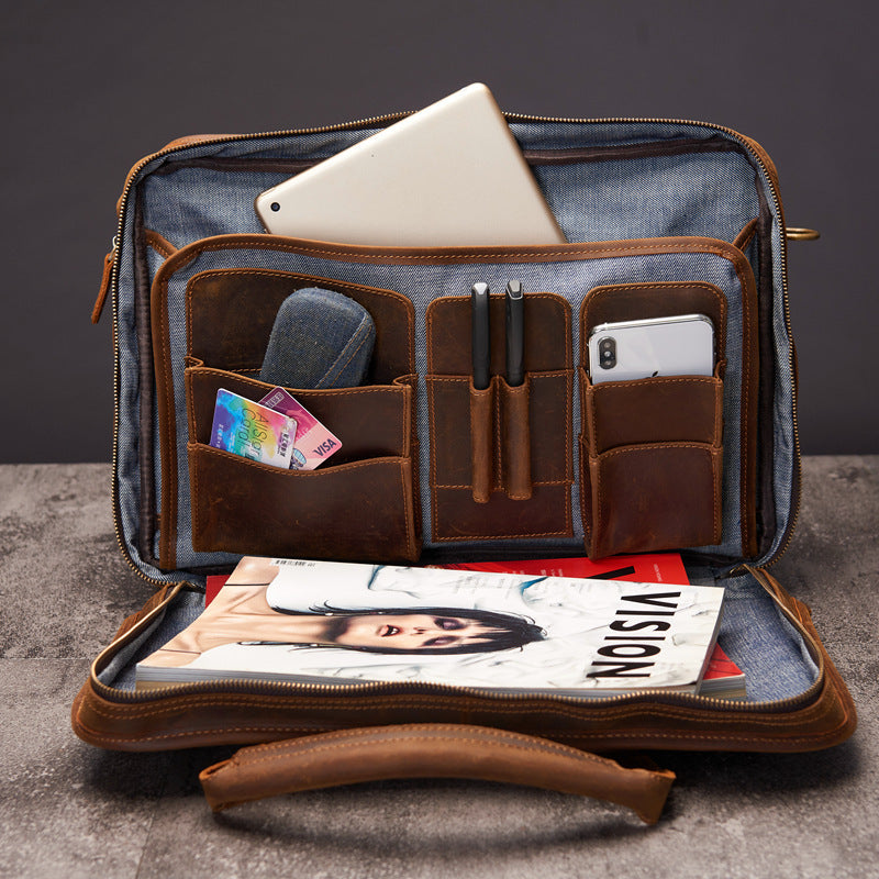 Large Capacity Leather Briefcase for Men - Retro Crazy Horse Design - ArtOm_farm™ LEATHER