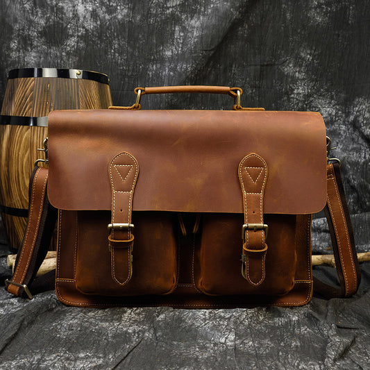 Men's Leather Briefcase - Retro Crazy Horse Leather Messenger Bag for Computers - ArtOm_farm™ LEATHER 