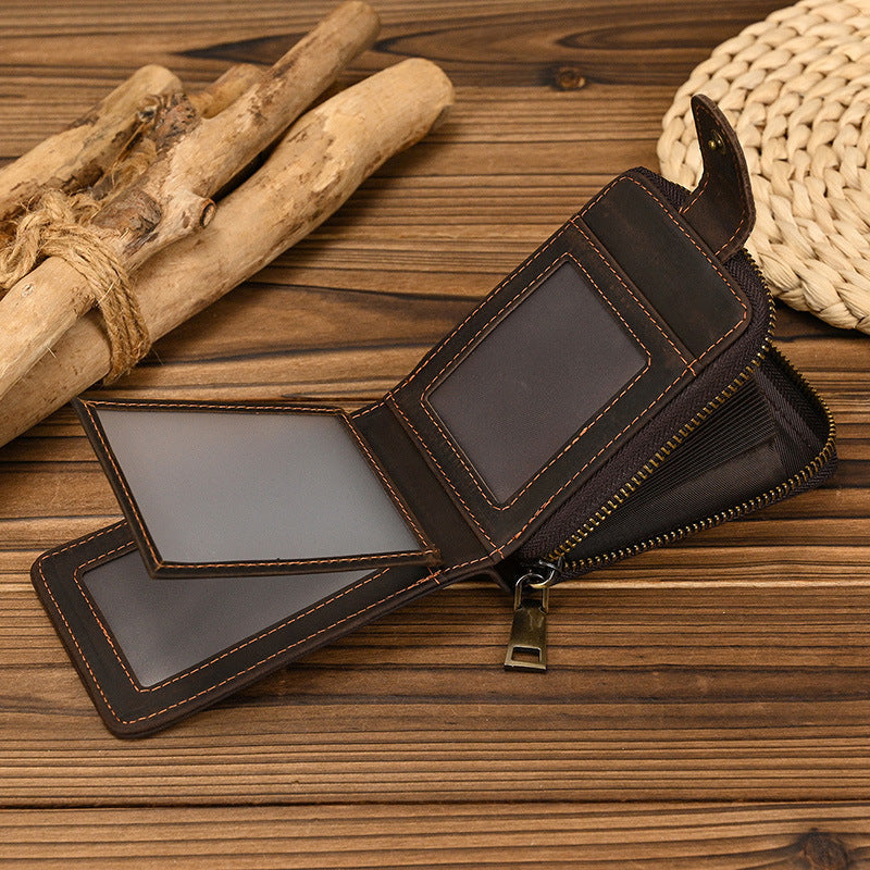 Men's Crazy Horse Leather Wallet - Short Zipper Design - ArtOm_farm™ LEATHER 