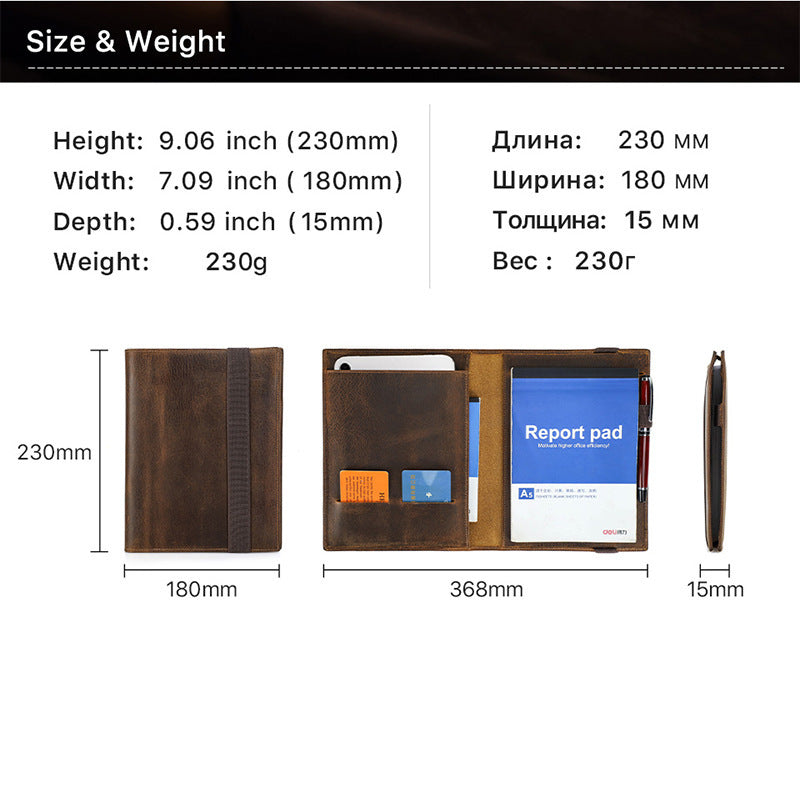 Measurement chart for a brown leather notebook with dimensions and weight displayed.