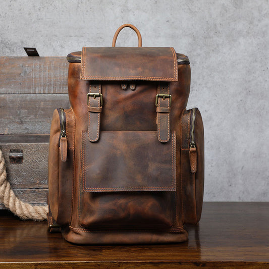 Large Capacity Vintage Crazy Horse Leather Backpack for Adventure and Travel - ArtOm_farm™ LEATHER