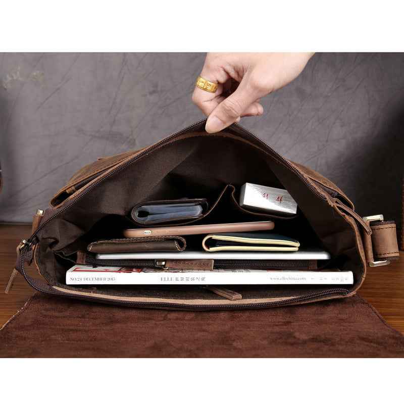 Men's Crazy Horse Leather Messenger Bag - Top Layer Cowhide Design