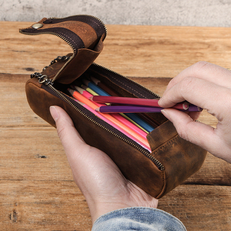 Crazy Horse Leather Large Capacity Portable Double Zipper Bag - ArtOm_farm™ LEATHER 