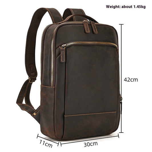 Double Zipper Main Bag Genuine Leather Travel Backpack - Large Capacity Crazy Horse Leather Outdoor Leisure Backpack - ArtOm_farm™ LEATHER 