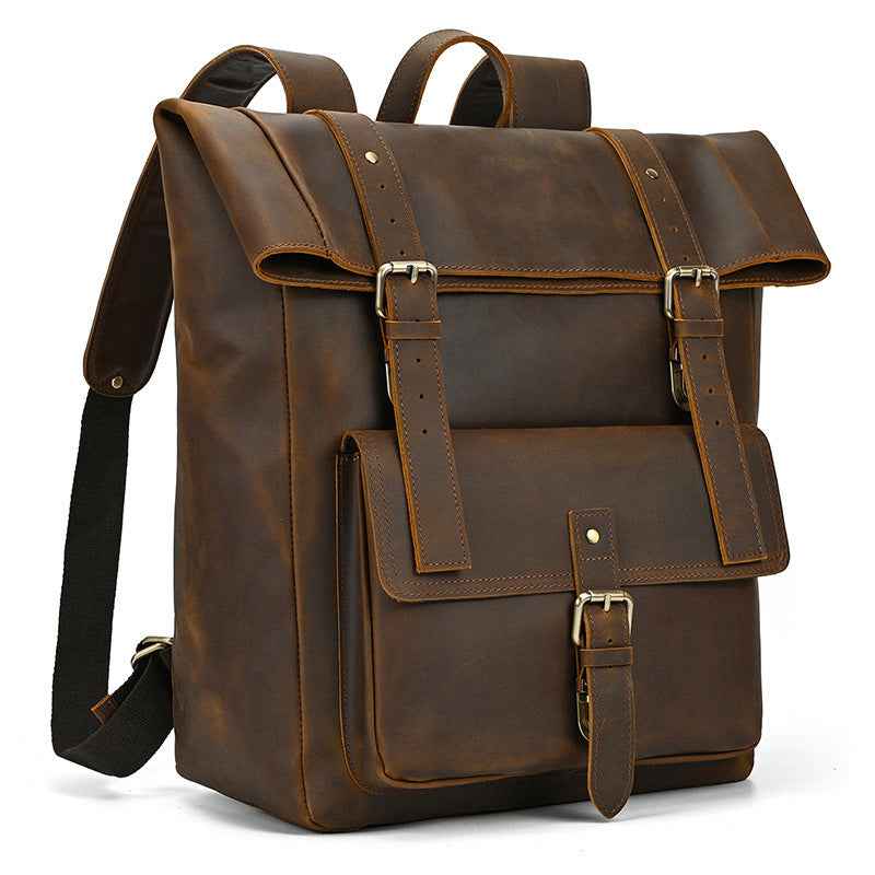 Men's Retro Leather Backpack in Genuine Crazy Horse Leather for School and Travel