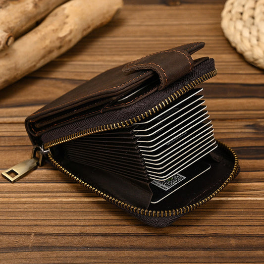 Men's Crazy Horse Leather Wallet - Short Zipper Design - ArtOm_farm™ LEATHER 