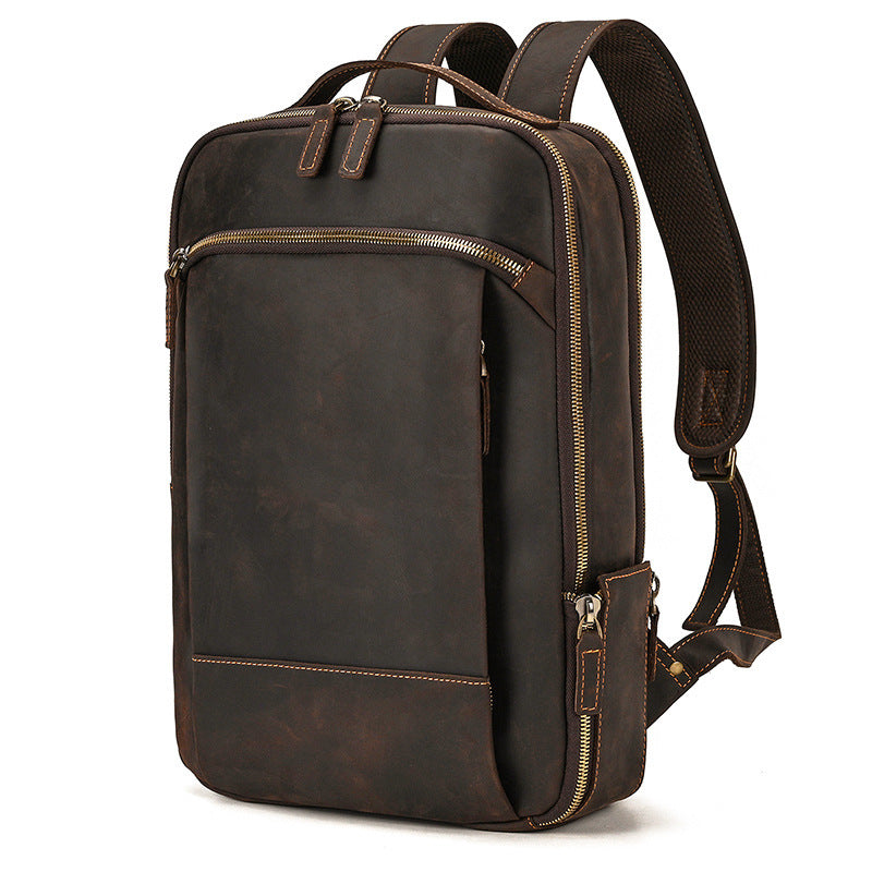 Double Zipper Main Bag Genuine Leather Travel Backpack - Large Capacity Crazy Horse Leather Outdoor Leisure Backpack - ArtOm_farm™ LEATHER 