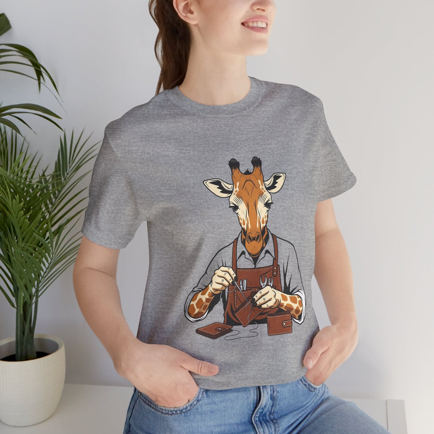 Giraffe Tailor Tee - Unique Animal Lover Shirt, Funny Short Sleeve T-Shirt for Creatives, Quirky Art Casual Wear - ArtOm_farm™ LEATHER 