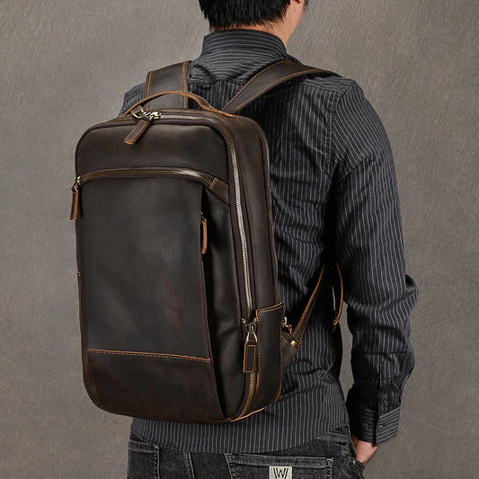 Double Zipper Main Bag Genuine Leather Travel Backpack - Large Capacity Crazy Horse Leather Outdoor Leisure Backpack - ArtOm_farm™ LEATHER 