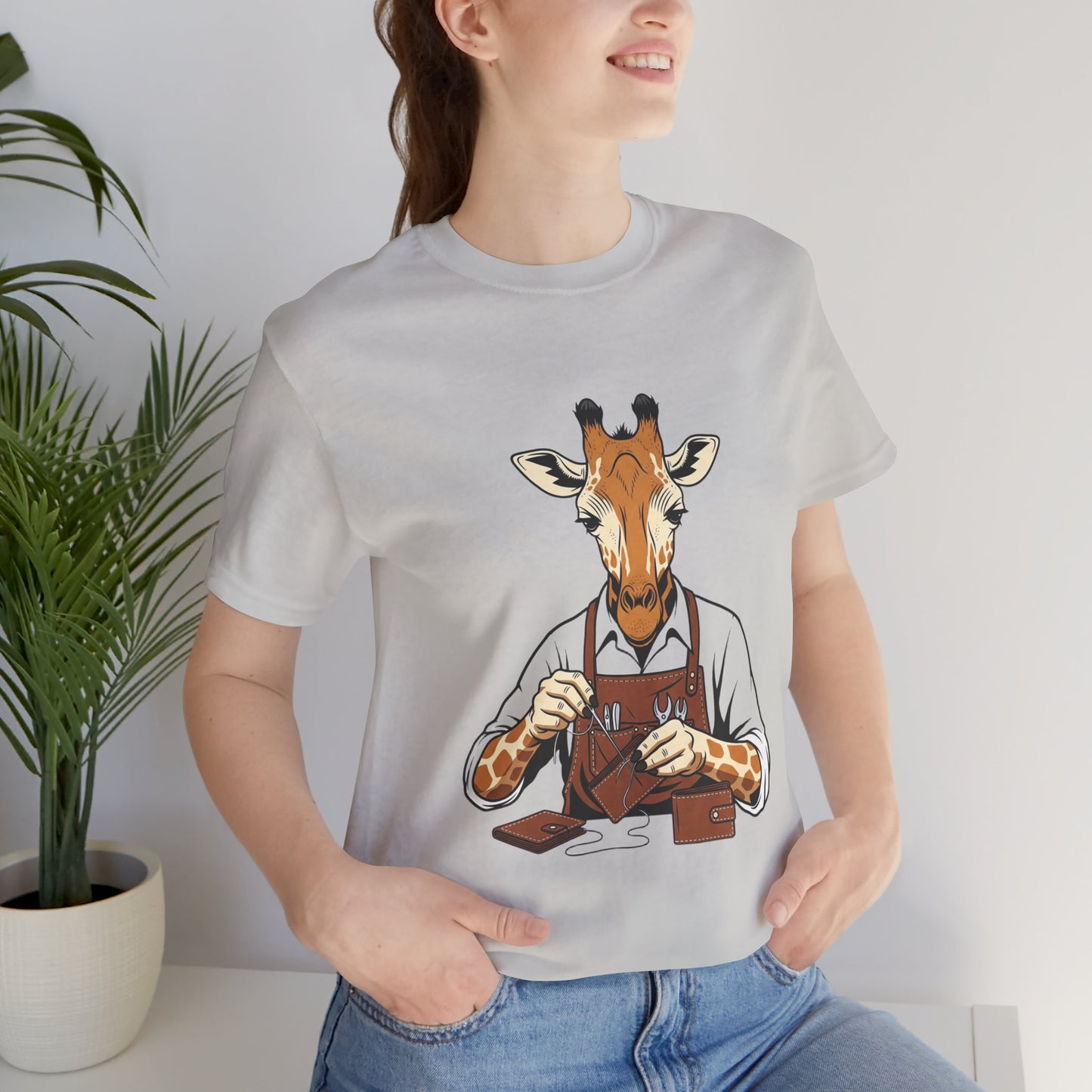 Giraffe Tailor Tee - Unique Animal Lover Shirt, Funny Short Sleeve T-Shirt for Creatives, Quirky Art Casual Wear - ArtOm_farm™ LEATHER 