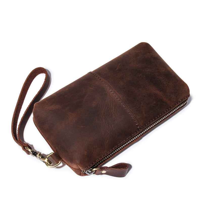 Crazy Horse Leather Clutch Bag - Simple Retro Long Purse for Stylish Elegance