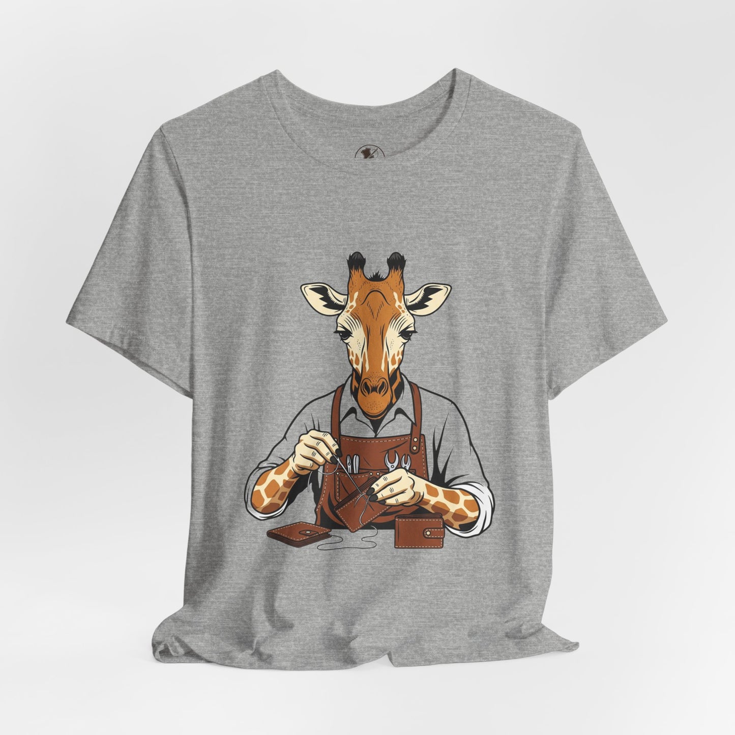 Giraffe Tailor Tee - Unique Animal Lover Shirt, Funny Short Sleeve T-Shirt for Creatives, Quirky Art Casual Wear - ArtOm_farm™ LEATHER 