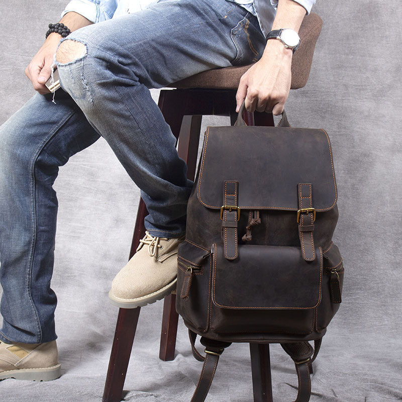 Retro Leather Backpack - Crazy Horse Leather Men's First Layer Cowhide Backpack - ArtOm_farm™ LEATHER