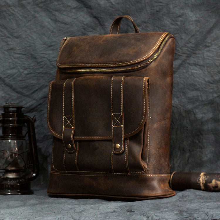 Men's Retro Leather Backpack - Crazy Horse Casual Style - ArtOm_farm™ LEATHER