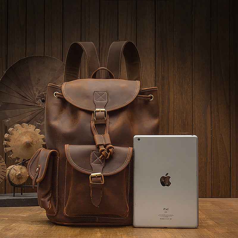 Retro-style Leather Backpack - Handmade Crazy Horse Leather Design for Timeless Style - ArtOm_farm™ LEATHER