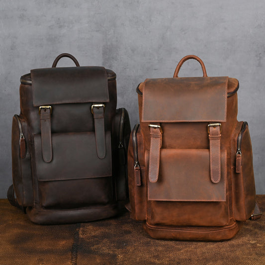 Crazy Horse Leather Backpack for Men - First Layer Cowhide Leather Travel Bag - ArtOm_farm™ LEATHER 