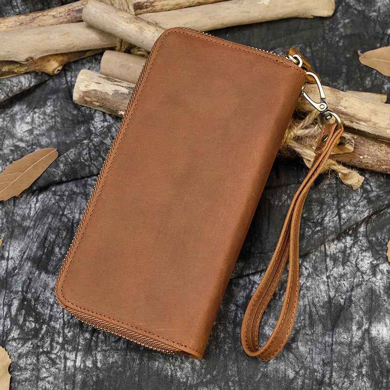 Men's Leather Zipper Wallet - Crazy Horse Leather Long Design