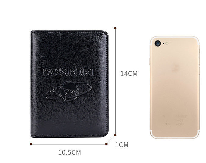 Black passport holder next to a smartphone with dimensions indicated