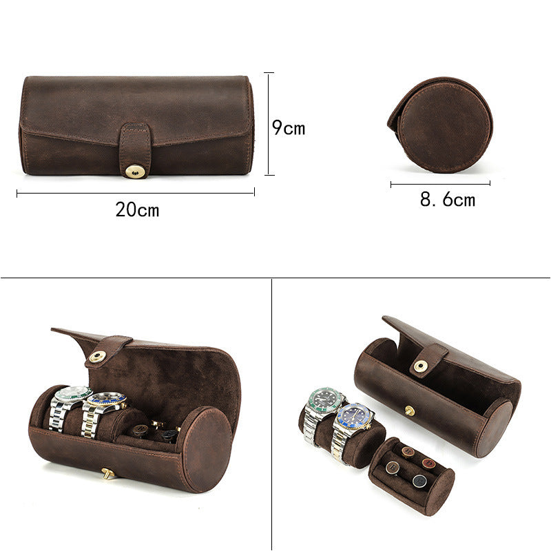 Retro Leather Storage Box - Cylindrical Suit Button Crazy Horse Design - ArtOm_farm™ LEATHER