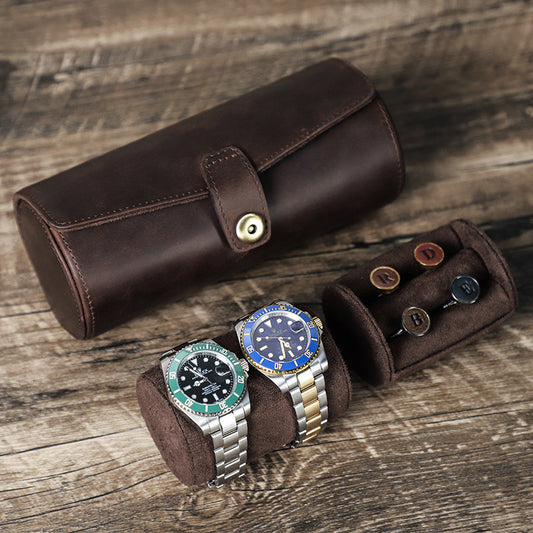 Retro Leather Storage Box - Cylindrical Suit Button Crazy Horse Design - ArtOm_farm™ LEATHER