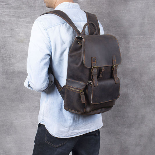Retro Leather Backpack - Crazy Horse Leather Men's First Layer Cowhide Backpack - ArtOm_farm™ LEATHER