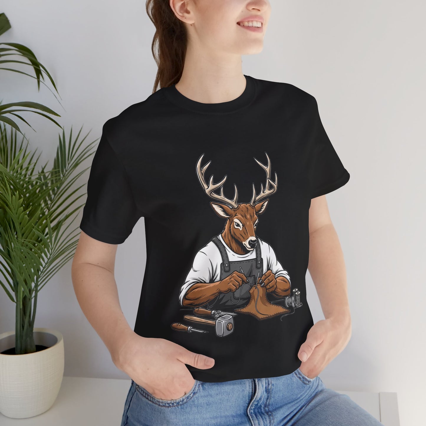 Artisan Deer Graphic Tee for Nature Lovers - Cute Animal Shirt, Unisex Casual Wear, Perfect Handyman Gift - ArtOm_farm™ LEATHER 