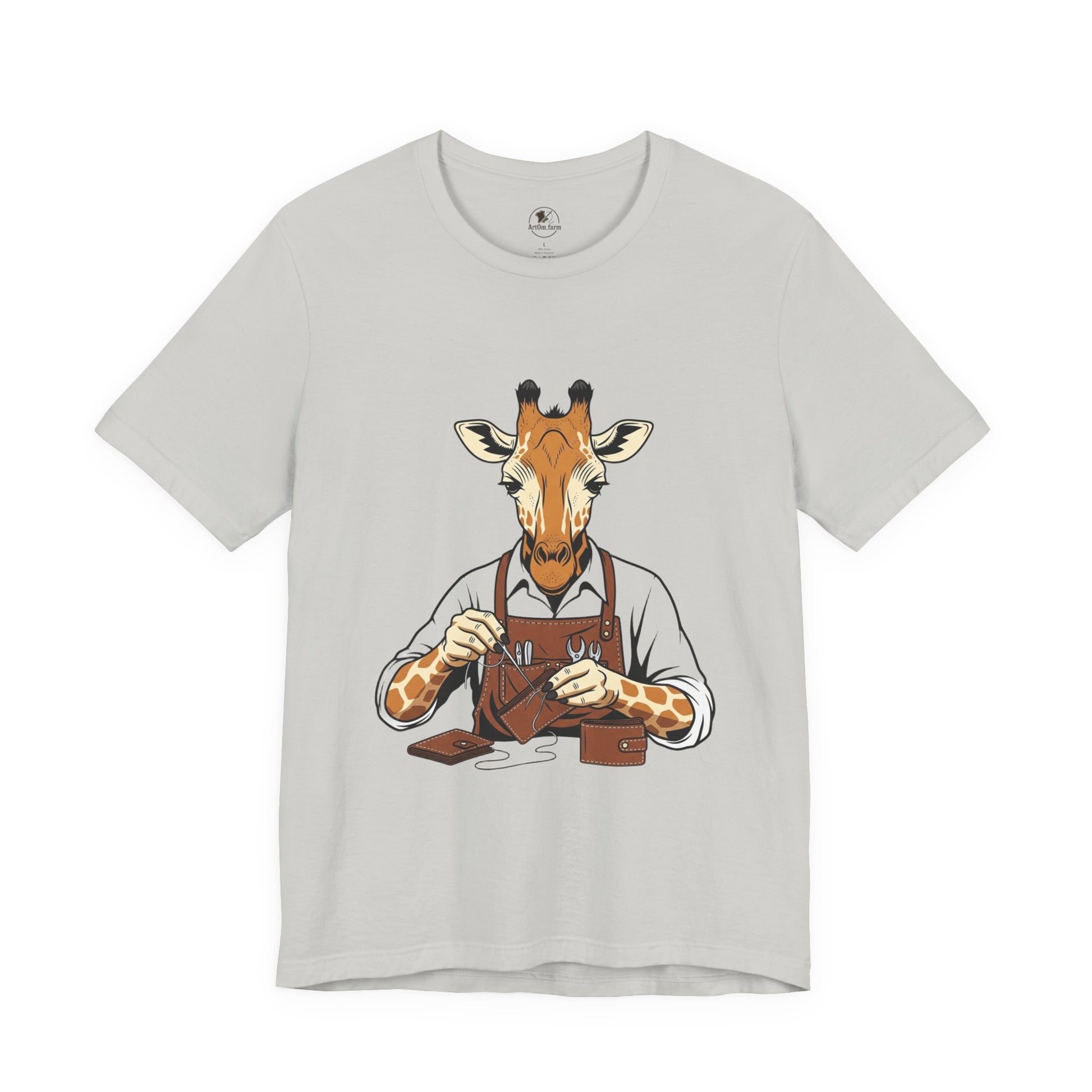 Giraffe Tailor Tee - Unique Animal Lover Shirt, Funny Short Sleeve T-Shirt for Creatives, Quirky Art Casual Wear - ArtOm_farm™ LEATHER 