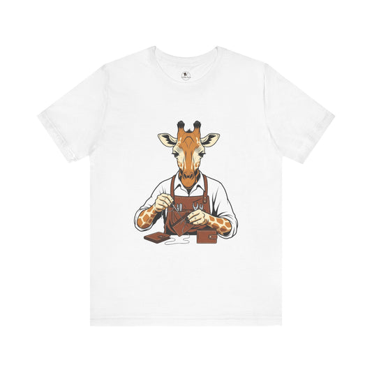 Giraffe Tailor Tee - Unique Animal Lover Shirt, Funny Short Sleeve T-Shirt for Creatives, Quirky Art Casual Wear - ArtOm_farm™ LEATHER