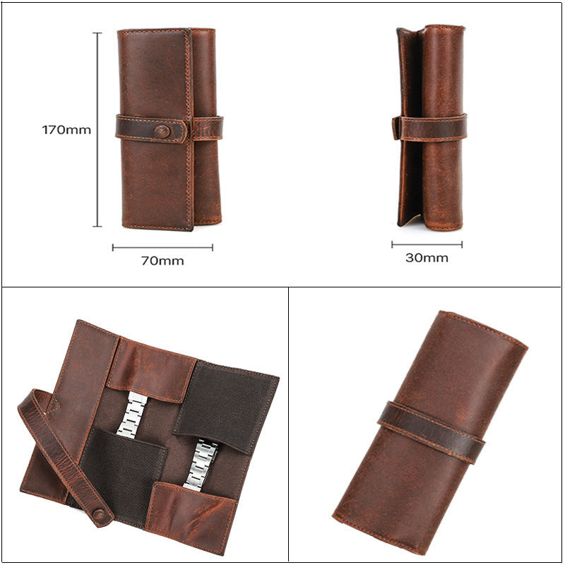Brown leather roll-up case with measurements on a white background
