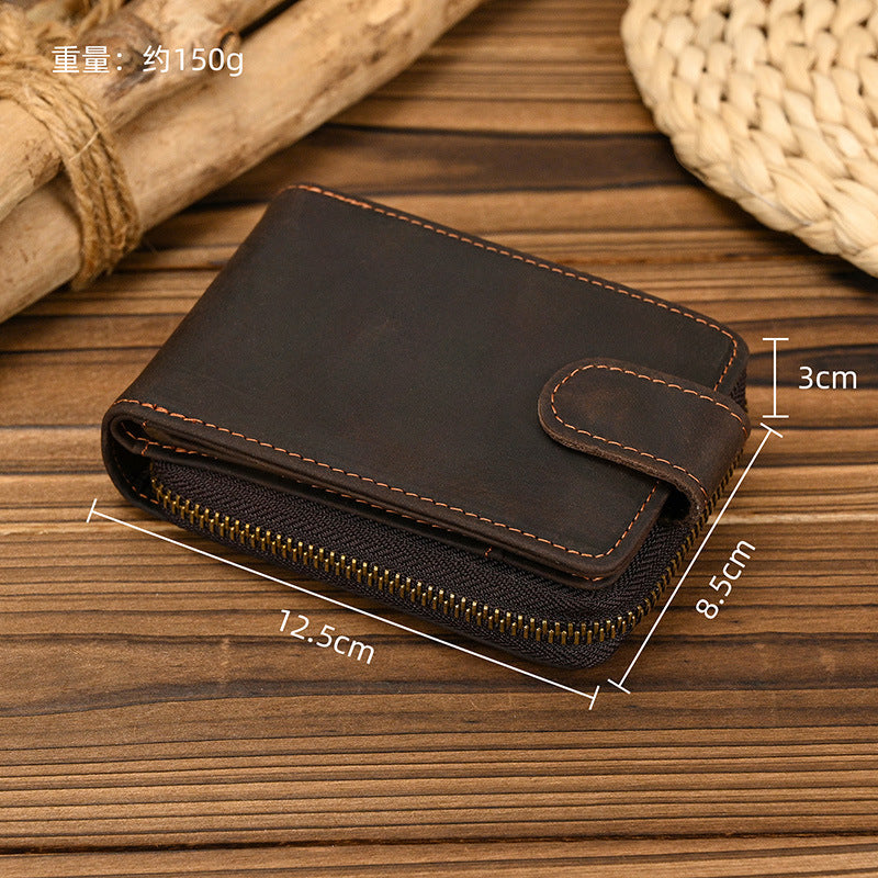 Men's Crazy Horse Leather Wallet - Short Zipper Design - ArtOm_farm™ LEATHER 