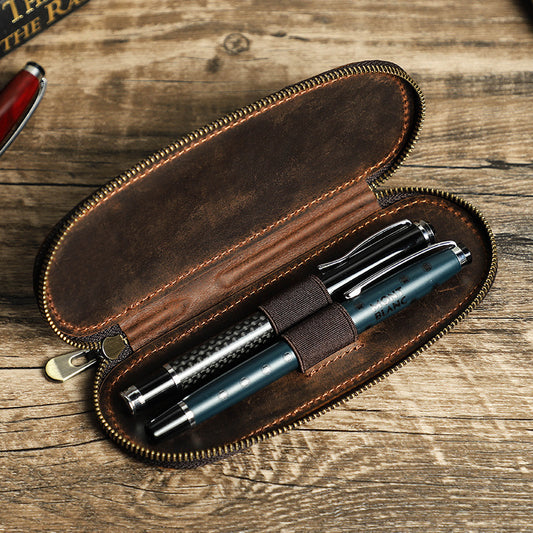 Vintage Leather Zipper Storage Box - Handmade Crazy Horse Leather Oval Design - ArtOm_farm™ LEATHER