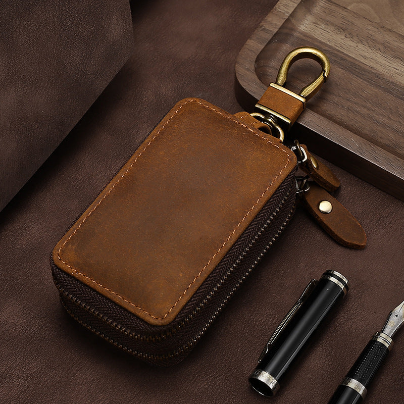 Crazy Horse Car Key Holder with Zipper for Ultimate Security - ArtOm_farm™ LEATHER