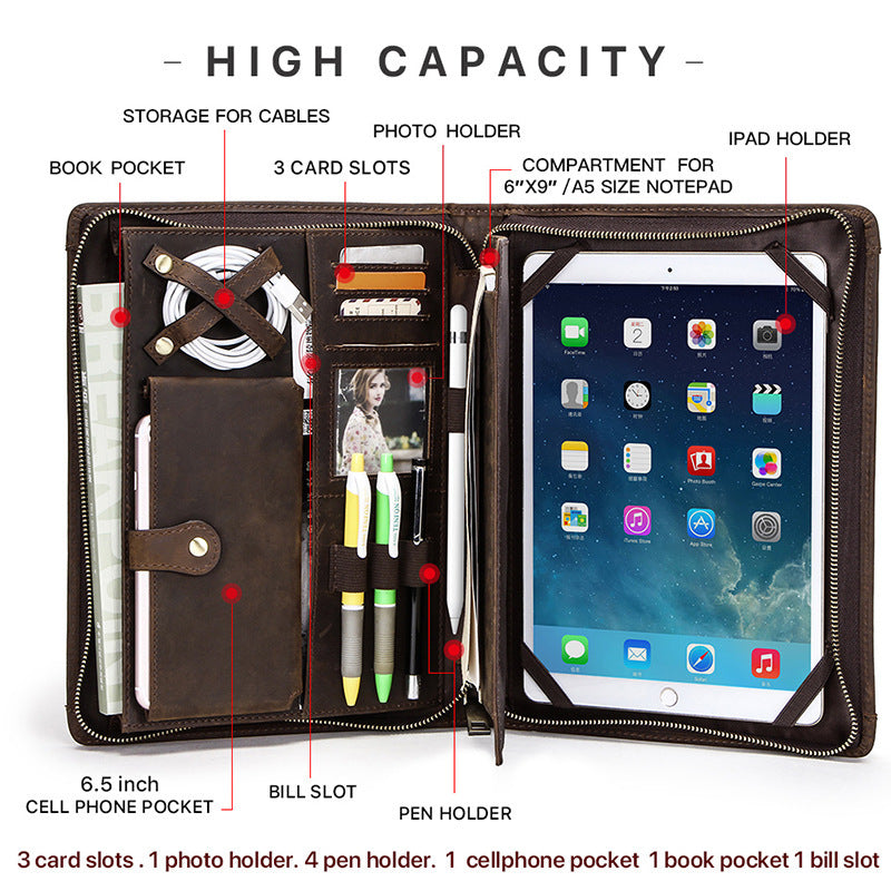 Multifunctional organizer with various compartments and a tablet inside, labeled for capacity.