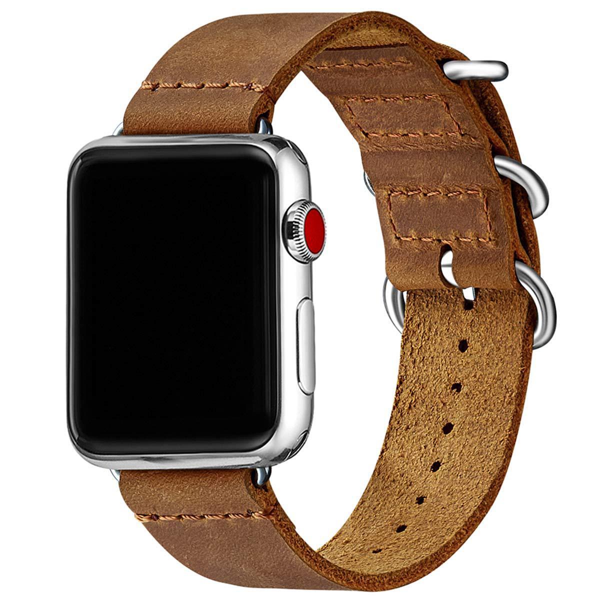 Smartwatch with a brown leather strap on a white background