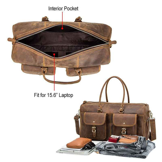 Retro Cowhide Leather Travel Bag - Large Capacity Crazy Horse Design