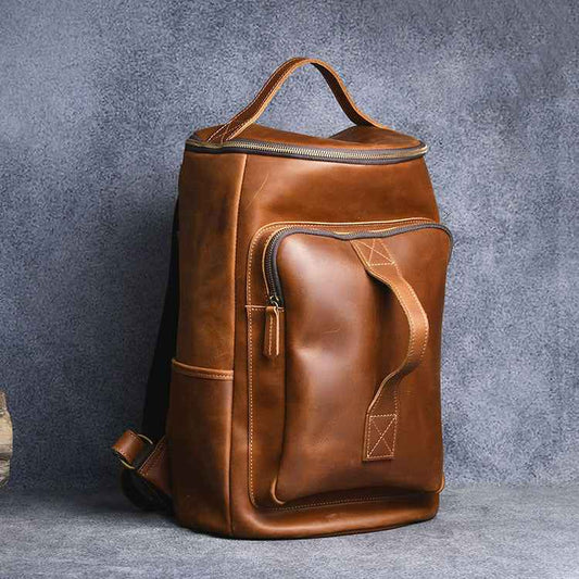 Vintage Leather Hiking Backpack for Travel - Crazy Horse Leather Hand-Carrying Design