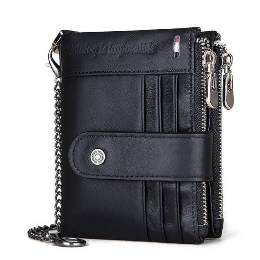 Black leather wallet with chain on a white background